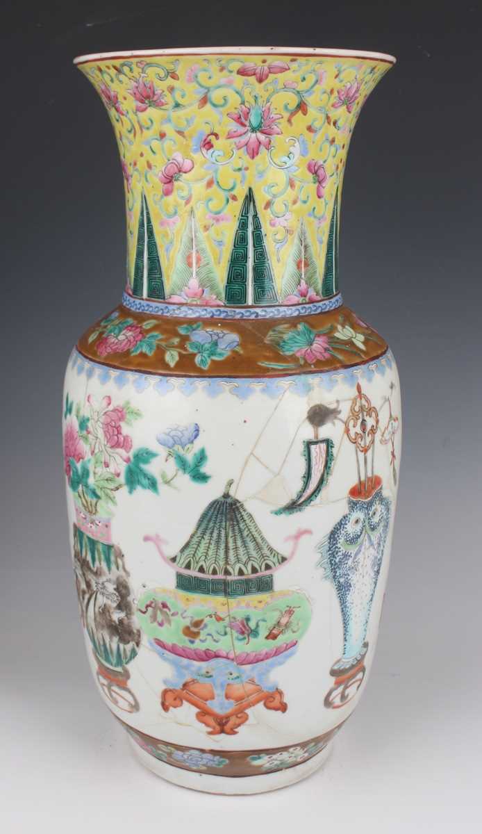 A pair of Chinese famille rose porcelain vases, late 19th century, each swollen cylindrical body - Image 24 of 39
