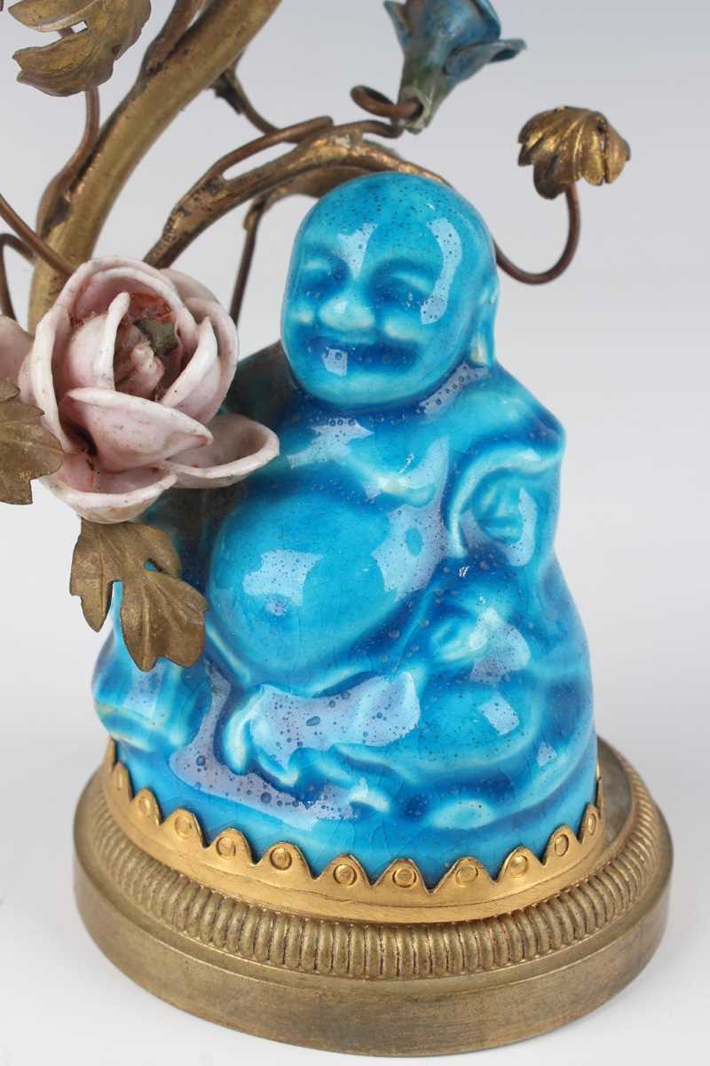 A Chinese turquoise glazed porcelain figure of Buddha, Qing dynasty, height 7cm, with gilt metal - Image 2 of 11