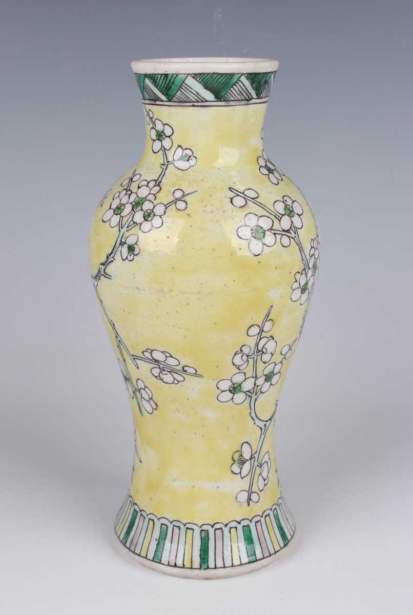 A pair of Chinese yellow ground porcelain vases, late Qing dynasty, of baluster form, decorated with - Image 11 of 33