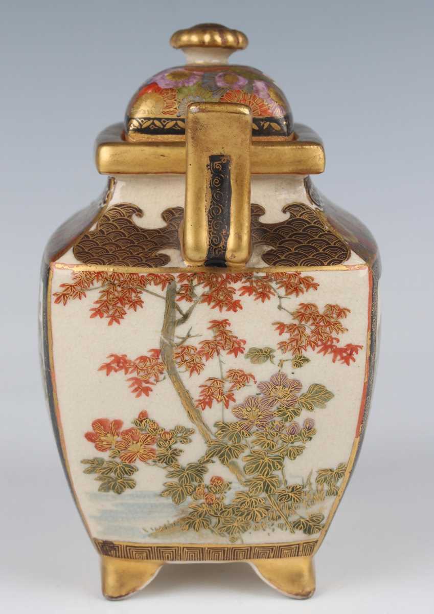 A Japanese Satsuma earthenware koro and cover by Zenkozan, Meiji period, the swollen rectangular - Image 3 of 15