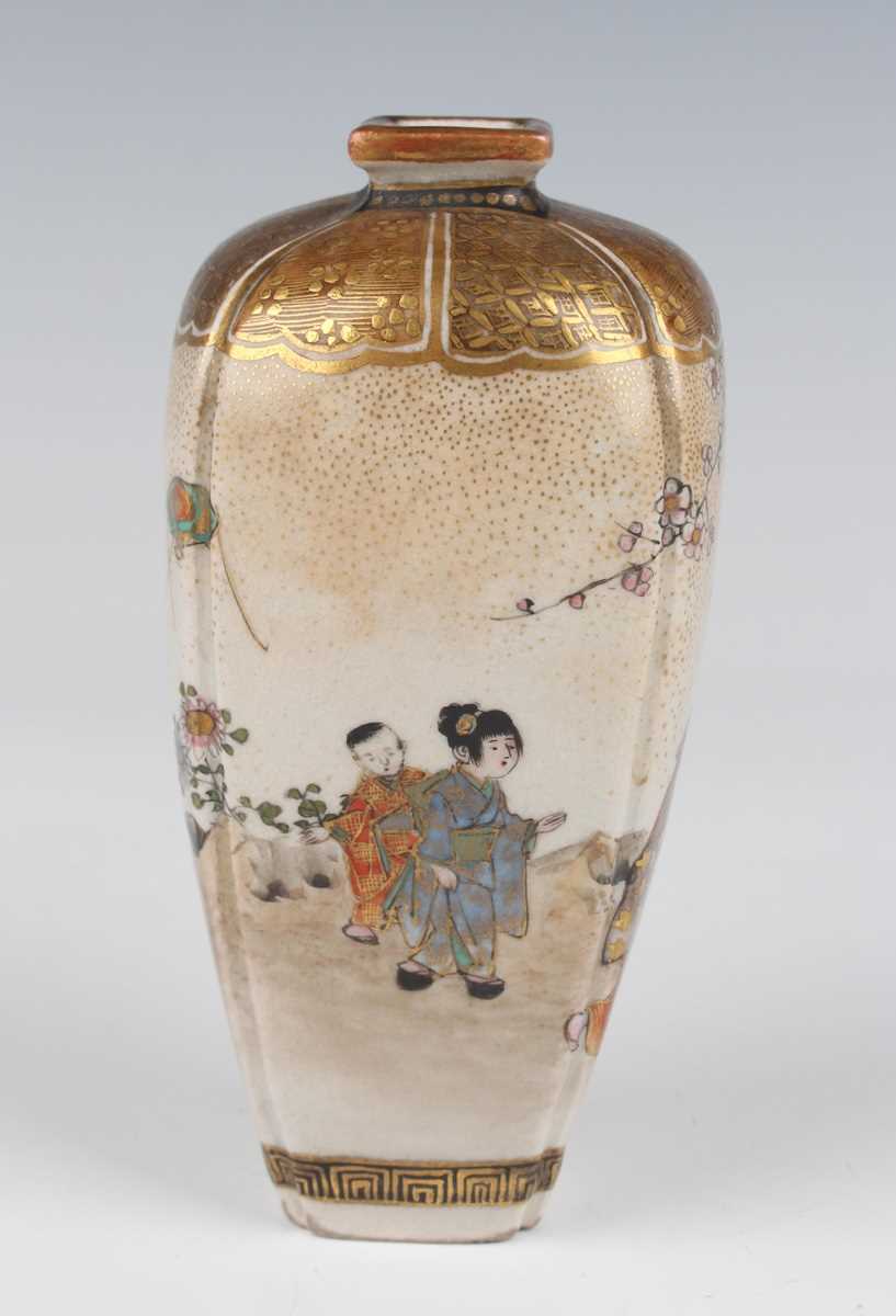 A pair of Japanese Satsuma earthenware vases by Kozan, Meiji period, each of rounded square tapering - Image 15 of 23