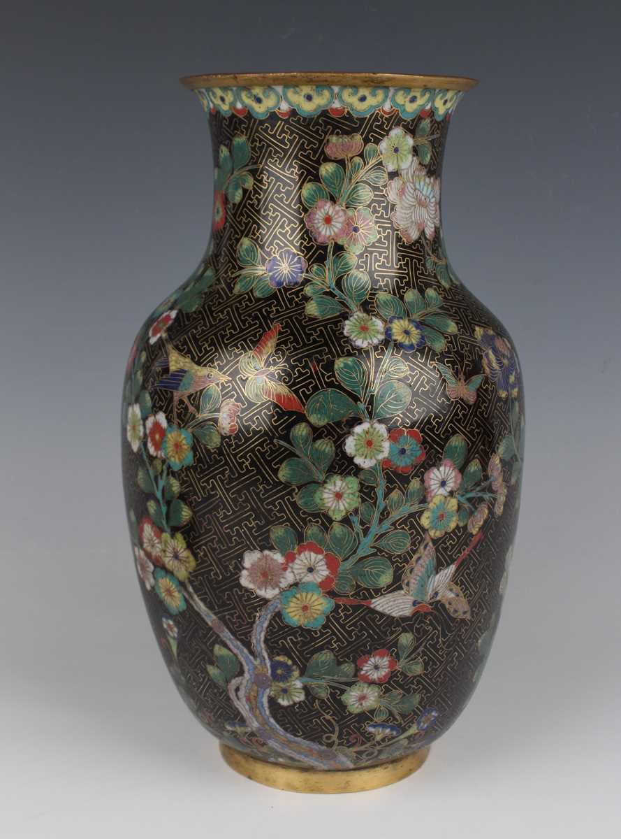 A Chinese cloisonné vase, late Qing dynasty, of swollen cylindrical form with flared neck, decorated - Image 2 of 15