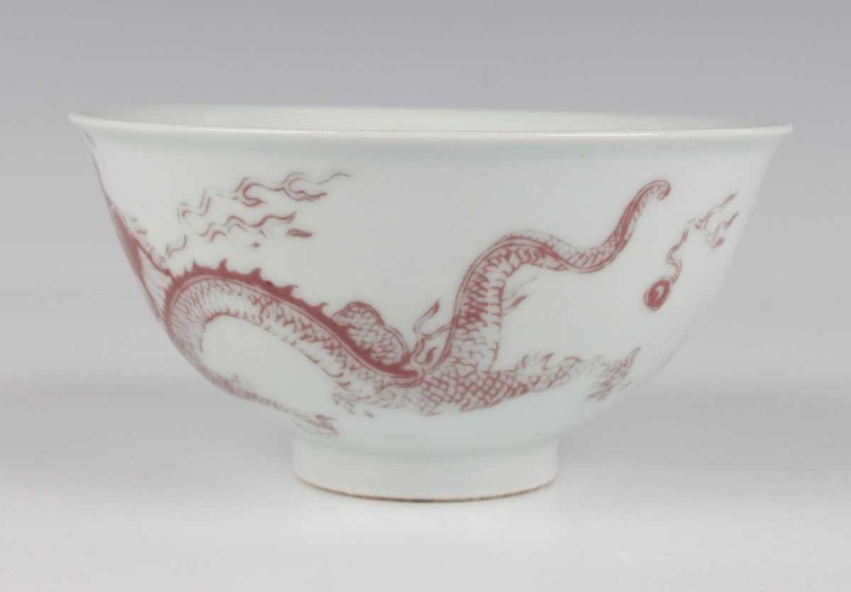 A Chinese underglaze red decorated porcelain bowl of steep-sided circular form, the exterior painted - Image 5 of 10