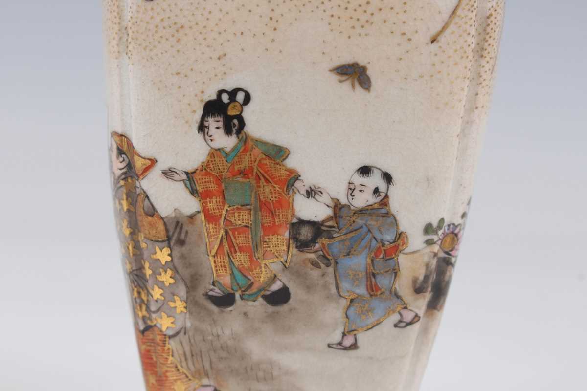 A pair of Japanese Satsuma earthenware vases by Kozan, Meiji period, each of rounded square tapering - Image 6 of 23