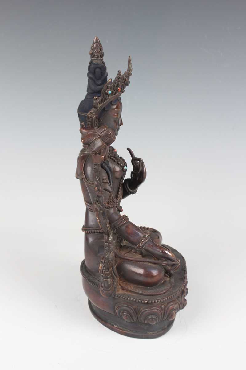 A Sino-Tibetan brown patinated copper alloy figure of Tara, 20th century, modelled seated in - Image 6 of 9