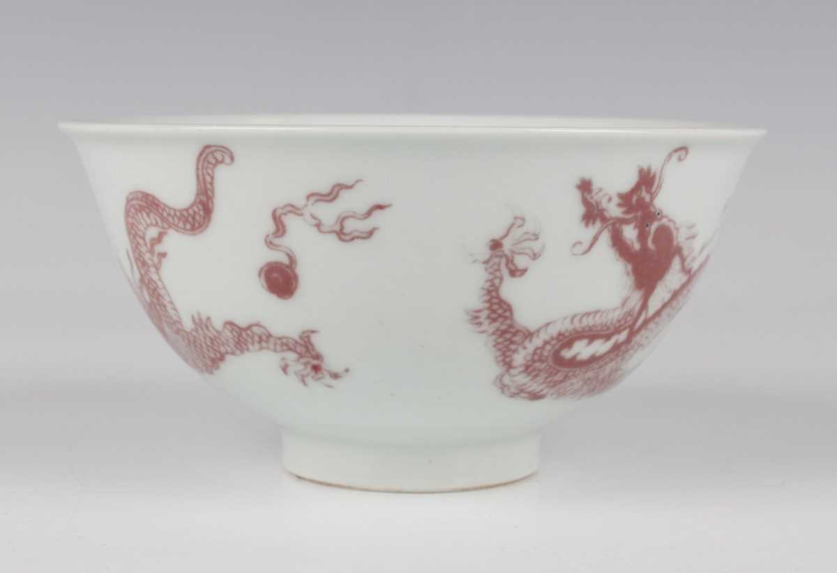 A Chinese underglaze red decorated porcelain bowl of steep-sided circular form, the exterior painted - Image 4 of 10