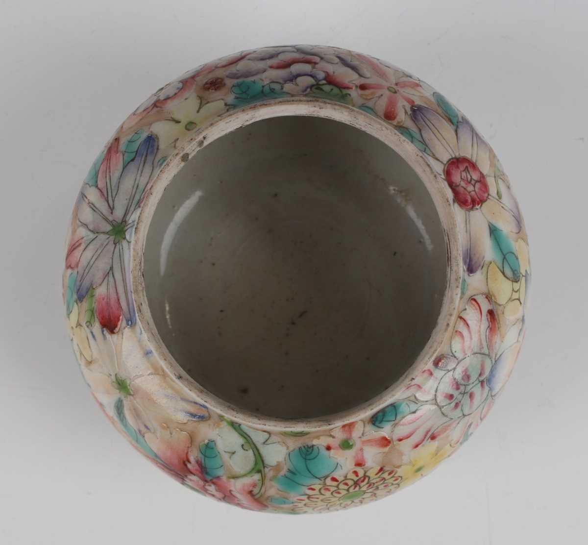 A Chinese famille rose millefleurs porcelain pot, mark of Guangxu but Republic period, of squat - Image 11 of 29