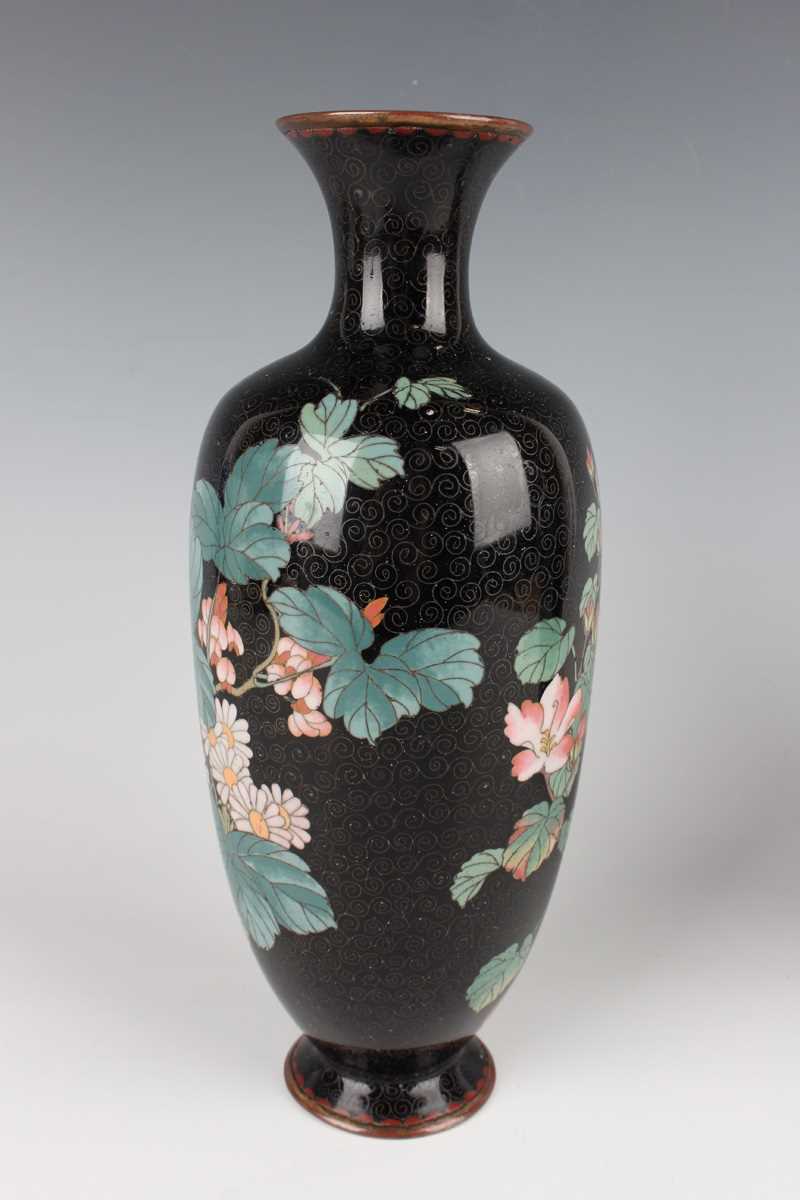 A pair of Japanese cloisonné vases, Meiji period, each elongated ovoid body decorated with flowering - Image 7 of 19