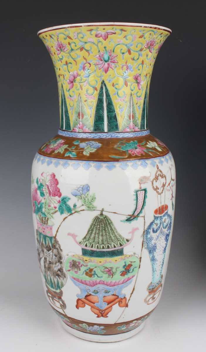 A pair of Chinese famille rose porcelain vases, late 19th century, each swollen cylindrical body - Image 3 of 39