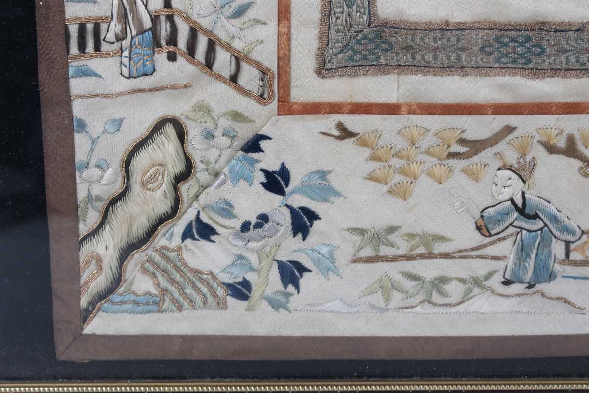 A Chinese embroidered cream silk sleeve panel, late Qing dynasty, each panel stitched together, - Image 17 of 19
