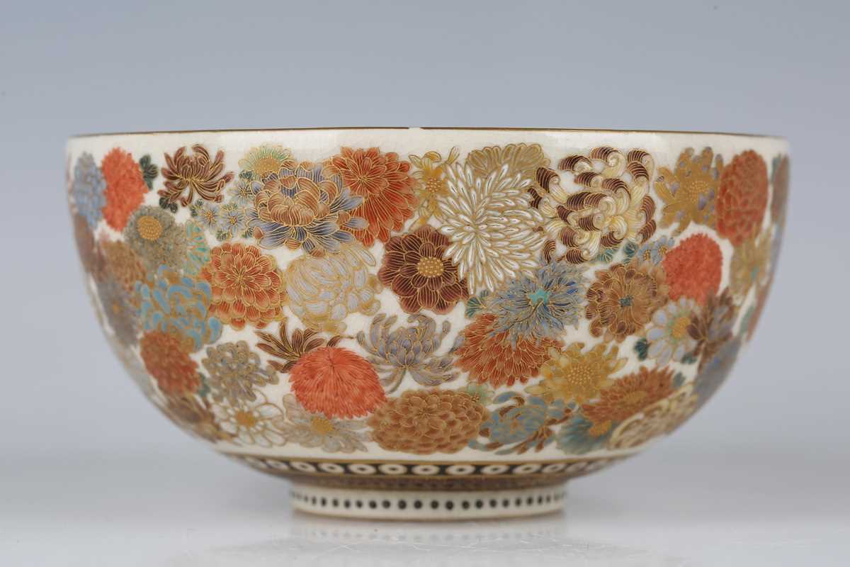 A Japanese Satsuma earthenware bowl by Yabu Meizan, Meiji period, of steep-sided circular form, - Image 2 of 21