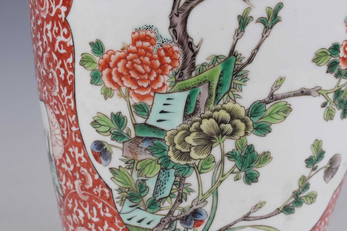 A Chinese famille verte porcelain vase, late Qing dynasty of shouldered tapering form with flared - Image 9 of 16