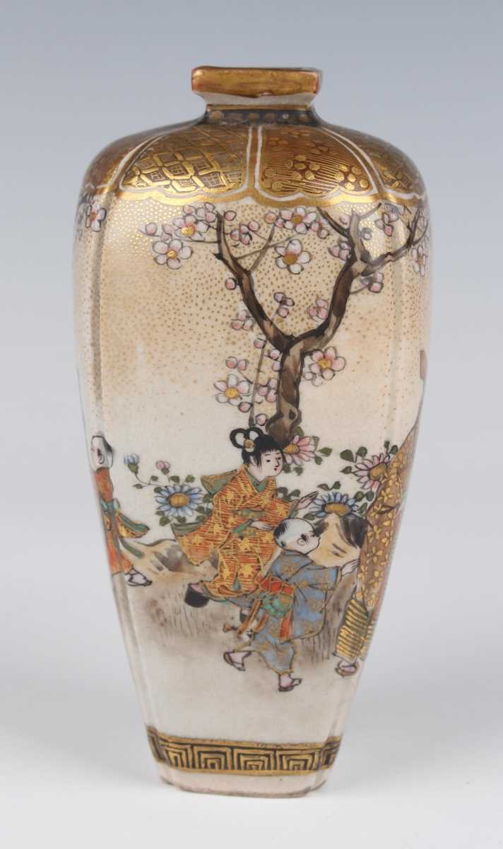 A pair of Japanese Satsuma earthenware vases by Kozan, Meiji period, each of rounded square tapering - Image 5 of 23