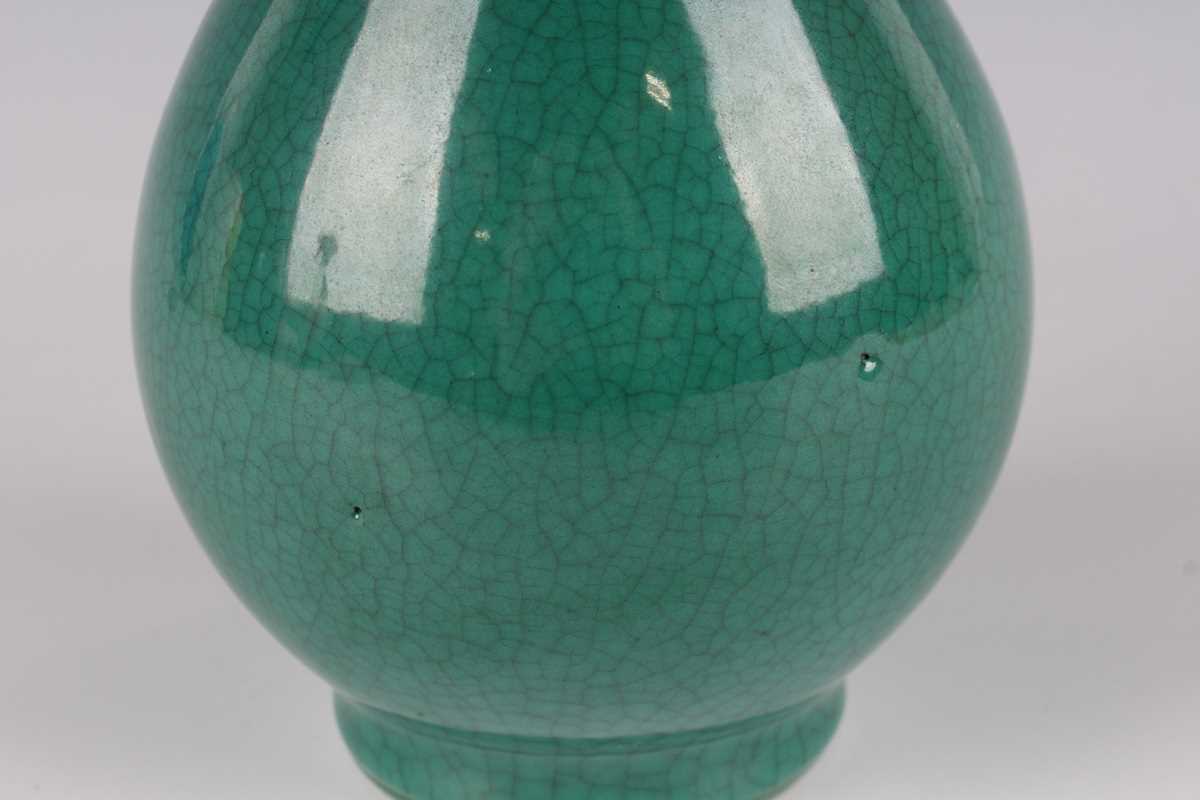 A Chinese green crackle glazed porcelain vase, probably 20th century, of teardrop form, covered in a - Image 2 of 5