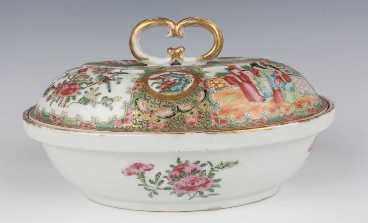 A Chinese Canton famille rose porcelain oval tureen and cover with gilt twin loop handle, mid to