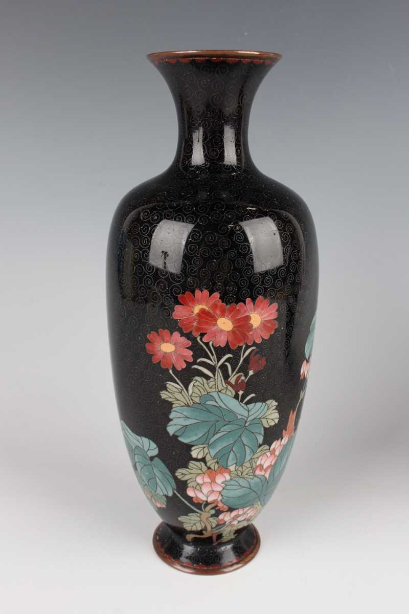 A pair of Japanese cloisonné vases, Meiji period, each elongated ovoid body decorated with flowering - Image 4 of 19