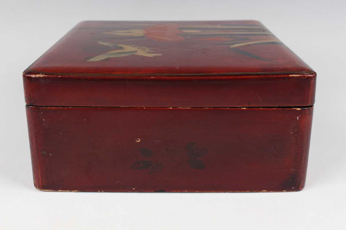 A Chinese red lacquer three-tier box with overhead handle, late 19th/early 20th century, decorated - Image 26 of 46
