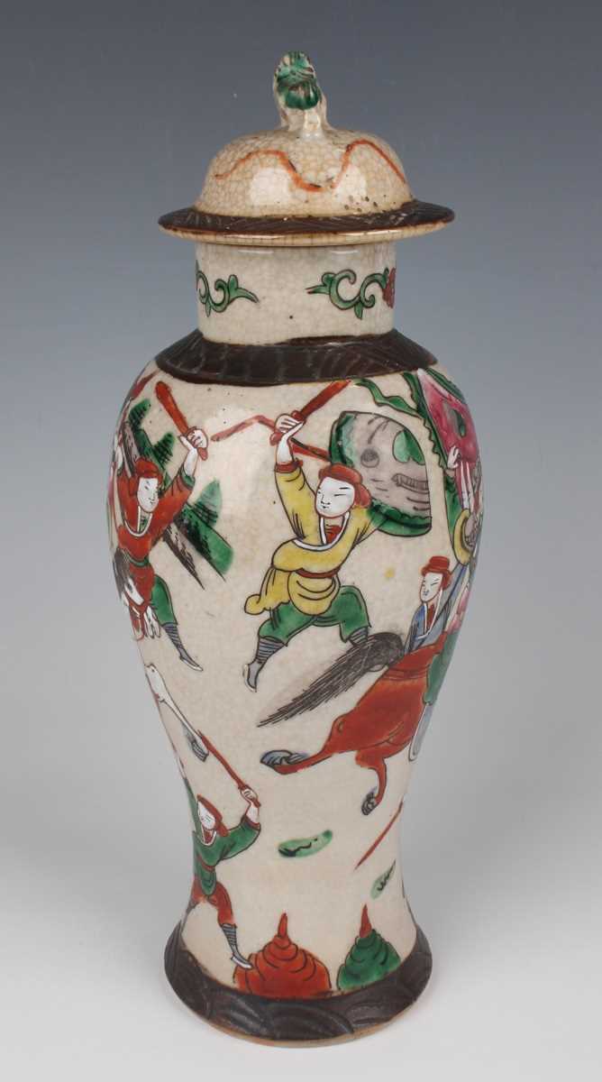 A Chinese crackle glazed porcelain vase and cover, early 20th century, of baluster form, decorated - Image 3 of 20