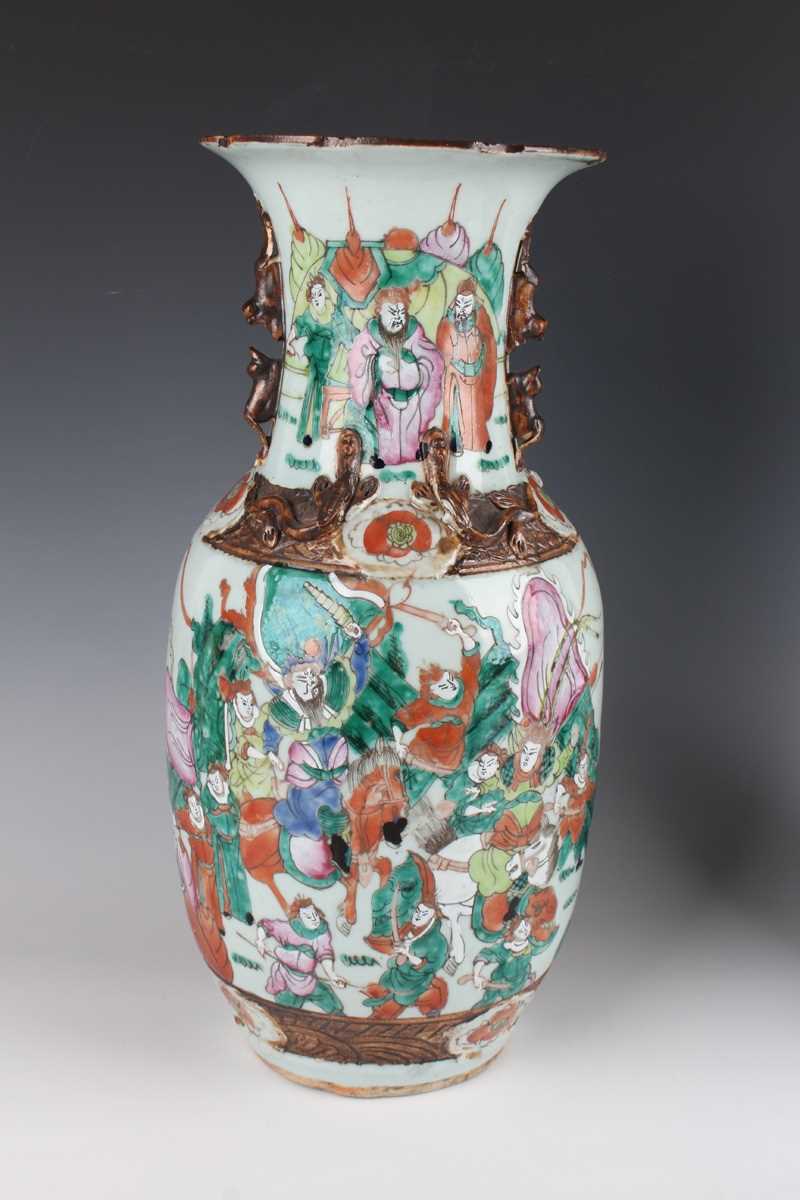 A pair of Chinese famille verte decorated porcelain vases, early 20th century, each ovoid body and - Image 4 of 18