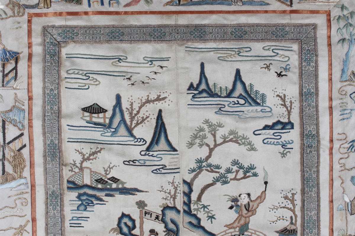 A Chinese embroidered cream silk sleeve panel, late Qing dynasty, each panel stitched together, - Image 7 of 19