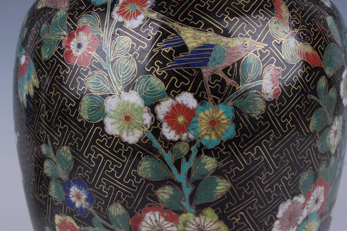 A Chinese cloisonné vase, late Qing dynasty, of swollen cylindrical form with flared neck, decorated - Image 12 of 15