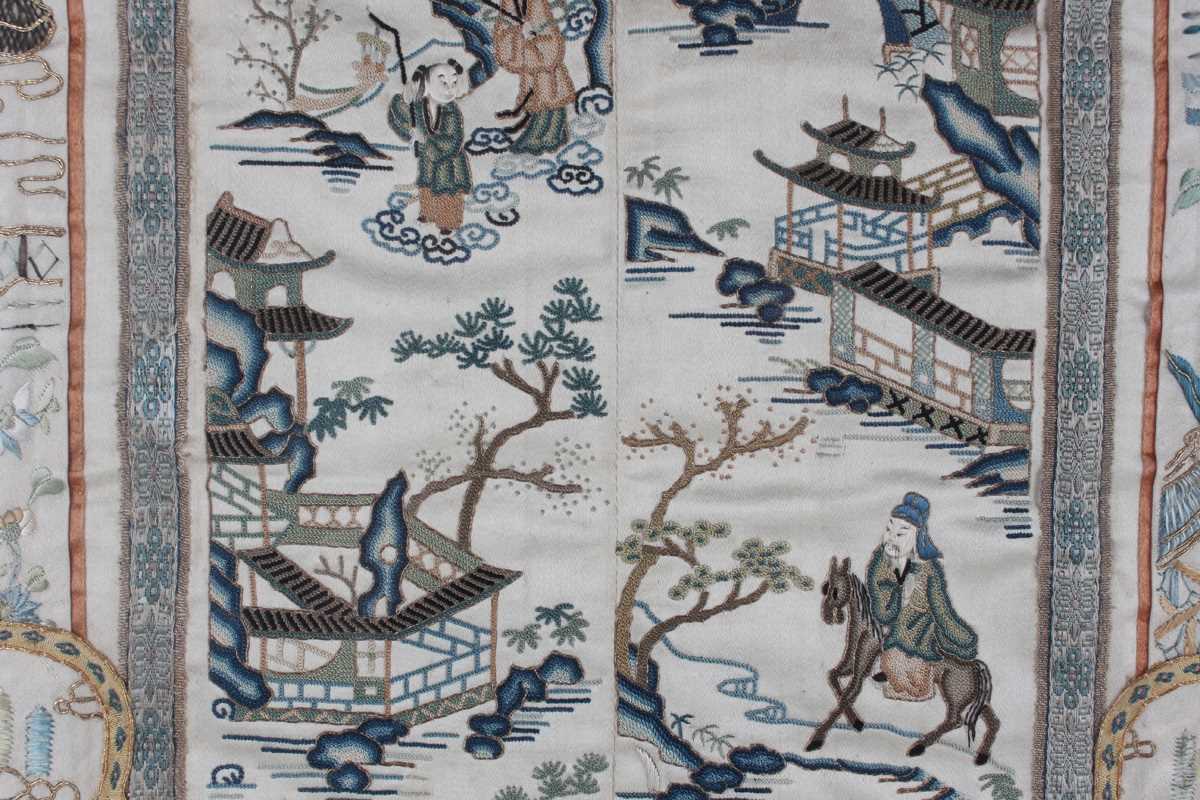 A Chinese embroidered cream silk sleeve panel, late Qing dynasty, each panel stitched together, - Image 9 of 19