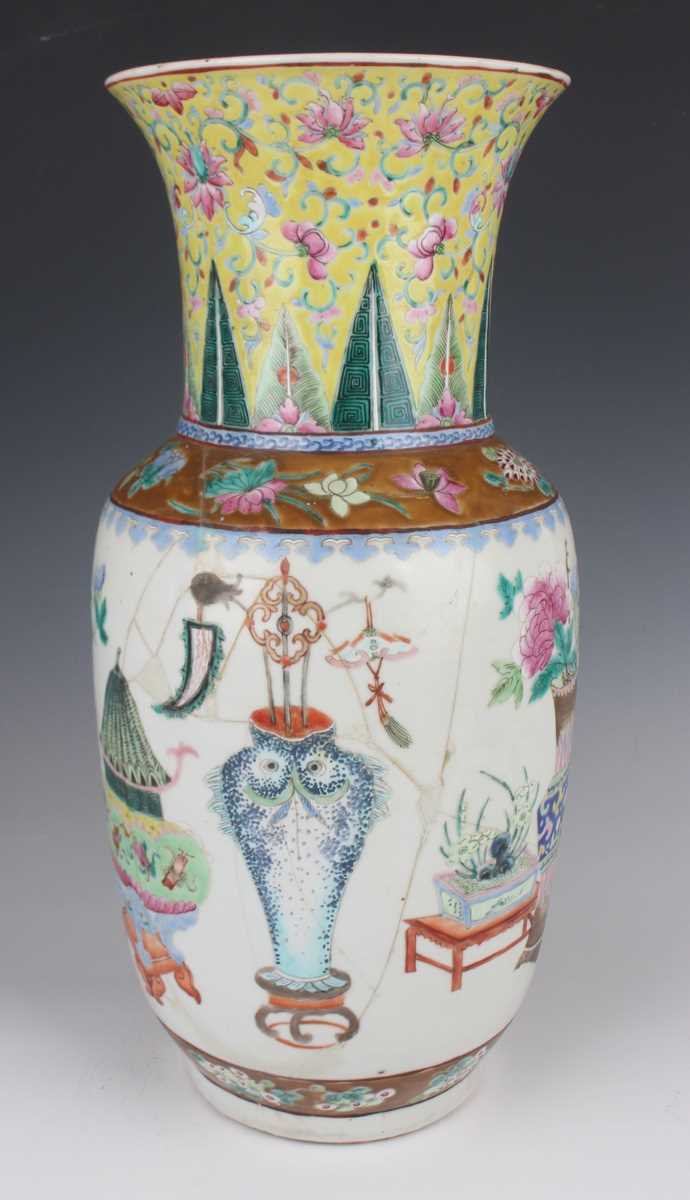 A pair of Chinese famille rose porcelain vases, late 19th century, each swollen cylindrical body - Image 26 of 39