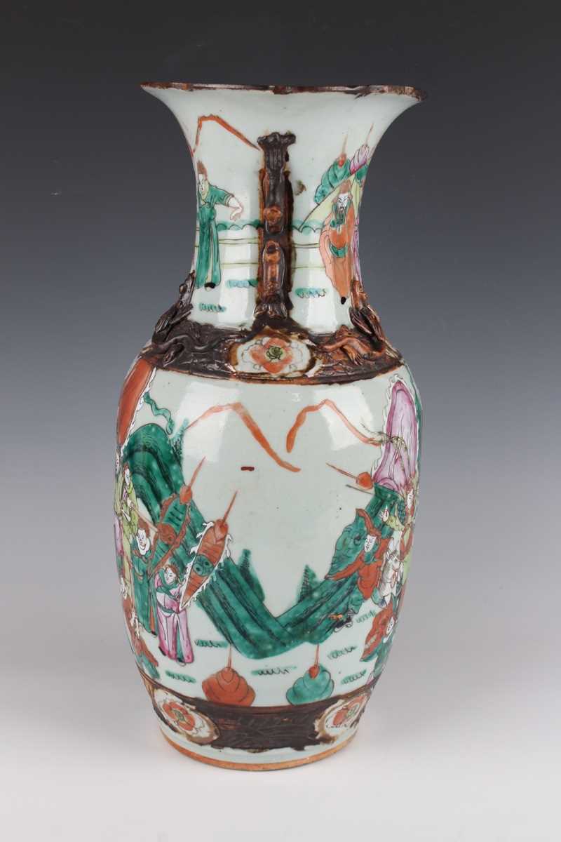 A pair of Chinese famille verte decorated porcelain vases, early 20th century, each ovoid body and - Image 11 of 18