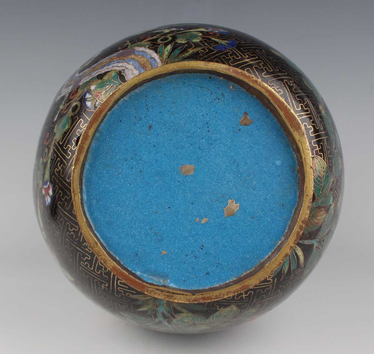 A Chinese cloisonné vase, late Qing dynasty, of swollen cylindrical form with flared neck, decorated - Image 7 of 15