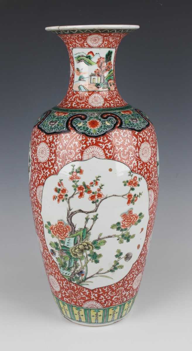 A Chinese famille verte porcelain vase, late Qing dynasty of shouldered tapering form with flared - Image 3 of 16