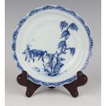 A Chinese blue and white export porcelain circular dish, Qianlong period, painted with a horse
