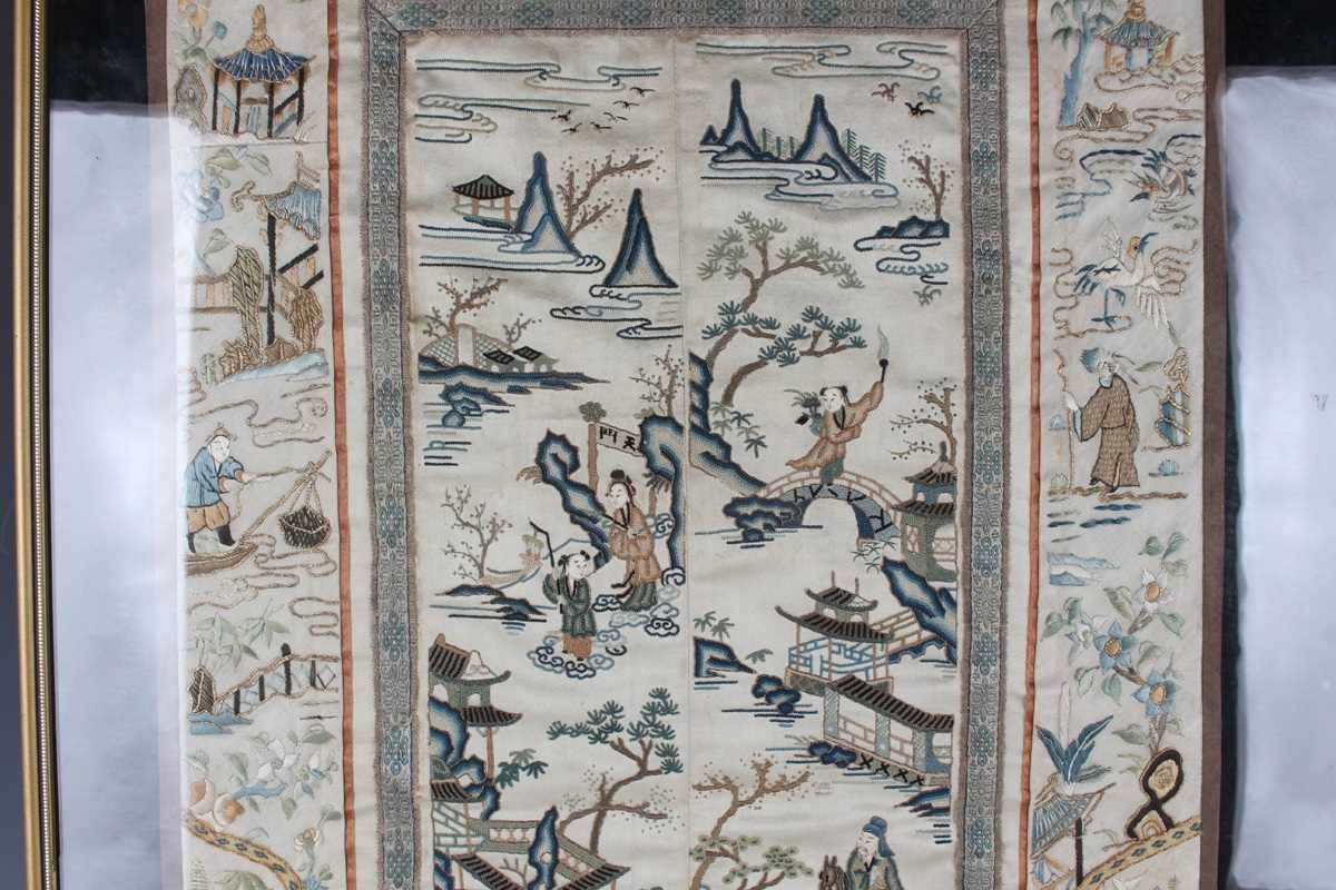 A Chinese embroidered cream silk sleeve panel, late Qing dynasty, each panel stitched together, - Image 3 of 19