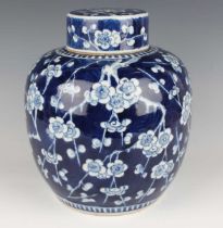 A Chinese blue and white porcelain ginger jar and cover, late 19th century, of stout ovoid form,