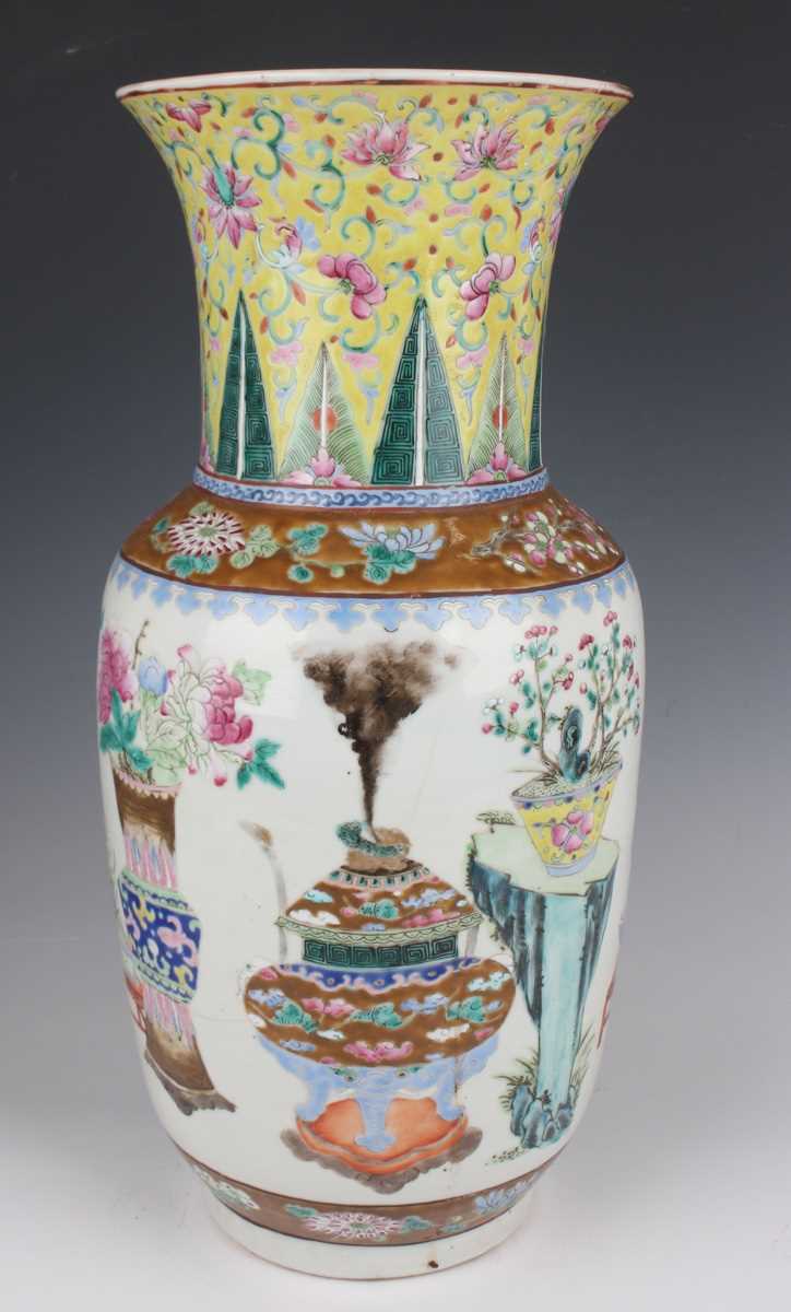 A pair of Chinese famille rose porcelain vases, late 19th century, each swollen cylindrical body - Image 21 of 39