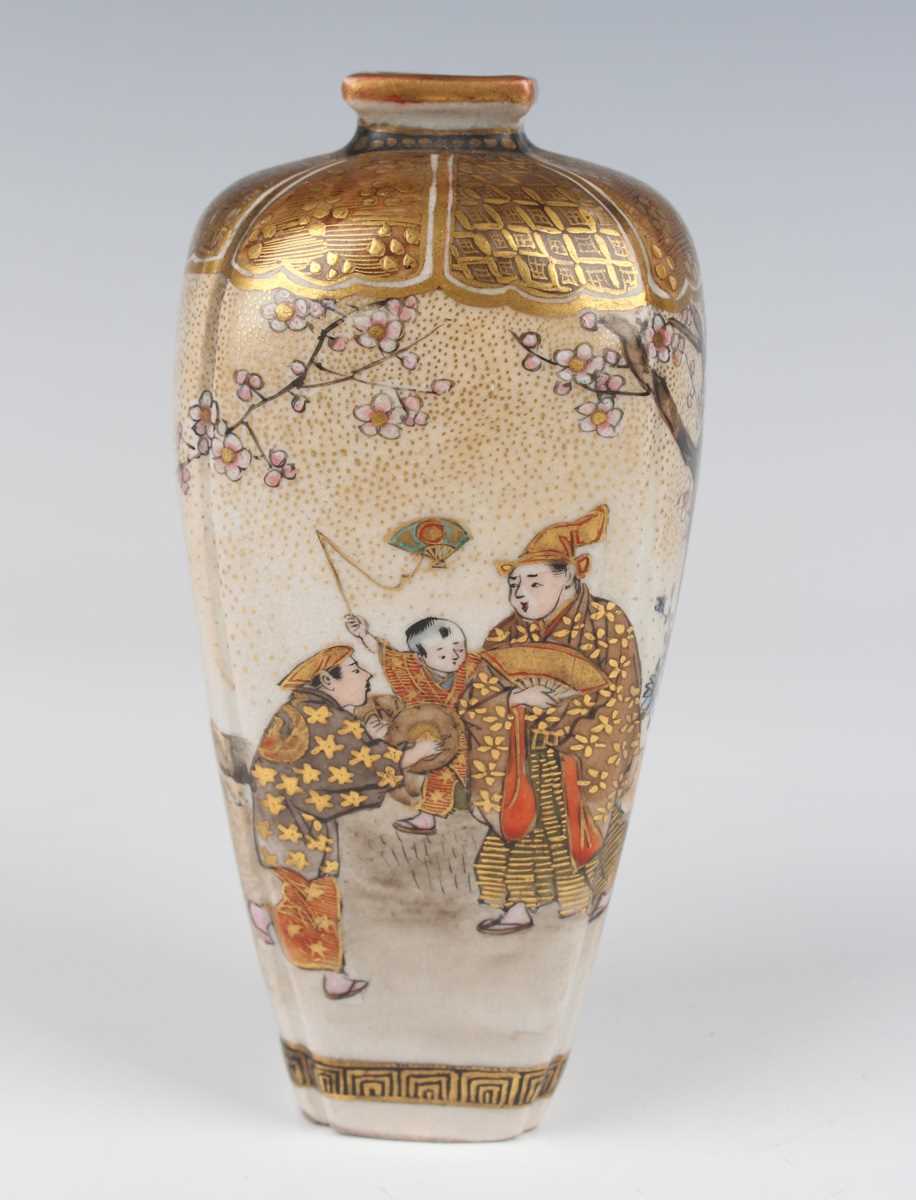 A pair of Japanese Satsuma earthenware vases by Kozan, Meiji period, each of rounded square tapering - Image 12 of 23