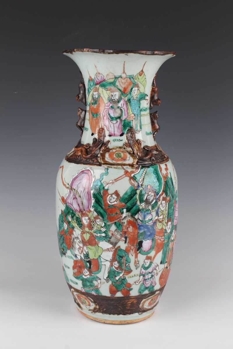 A pair of Chinese famille verte decorated porcelain vases, early 20th century, each ovoid body and - Image 12 of 18