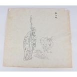 A Chinese black ink drawing on paper, late Qing dynasty, depicting a goat herder and two goats,