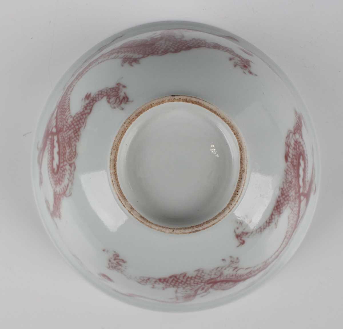 A Chinese underglaze red decorated porcelain bowl of steep-sided circular form, the exterior painted - Image 7 of 10