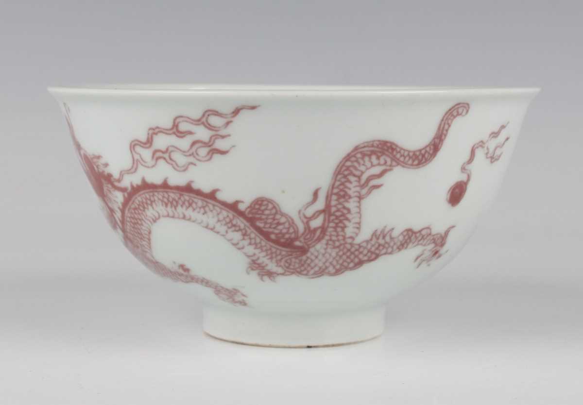 A Chinese underglaze red decorated porcelain bowl of steep-sided circular form, the exterior painted - Image 2 of 10