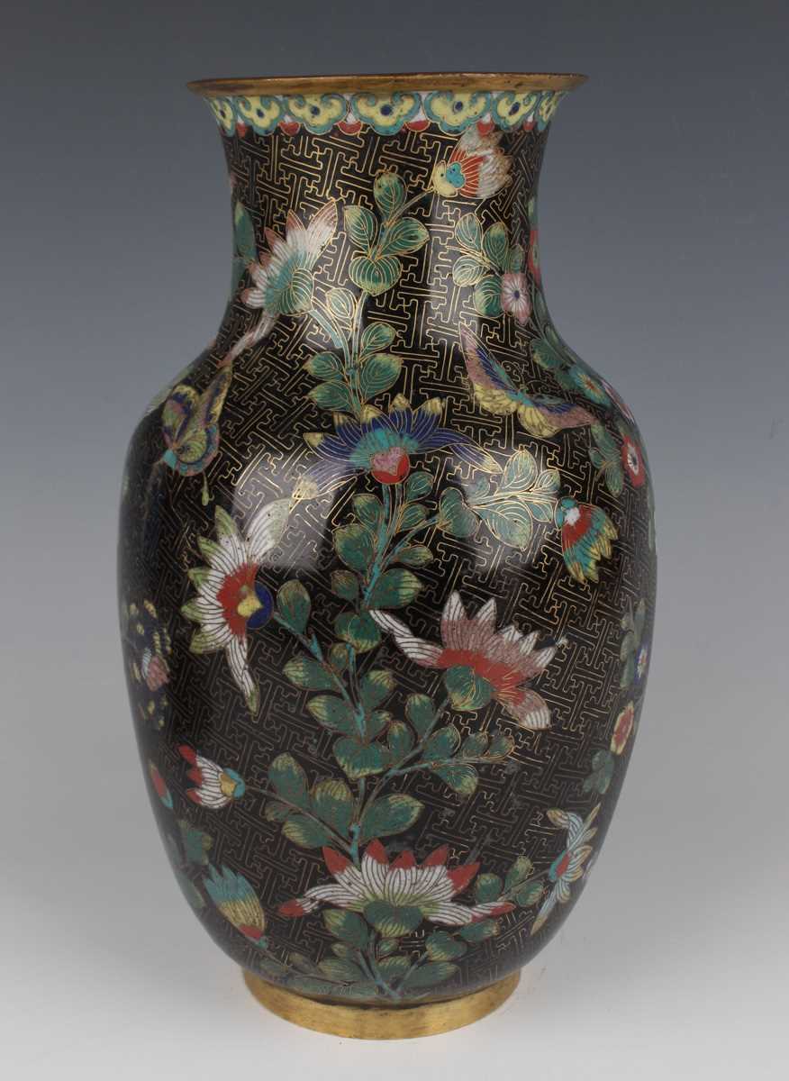 A Chinese cloisonné vase, late Qing dynasty, of swollen cylindrical form with flared neck, decorated - Image 5 of 15