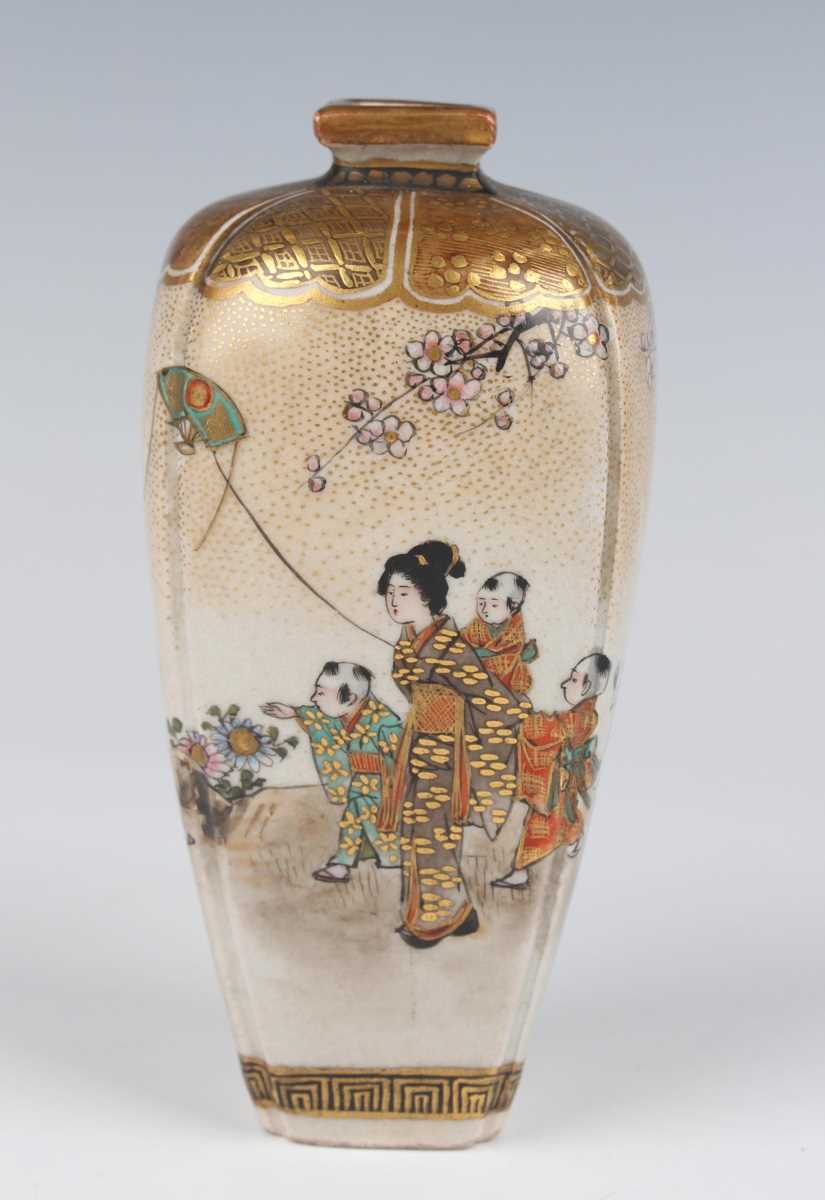 A pair of Japanese Satsuma earthenware vases by Kozan, Meiji period, each of rounded square tapering - Image 4 of 23