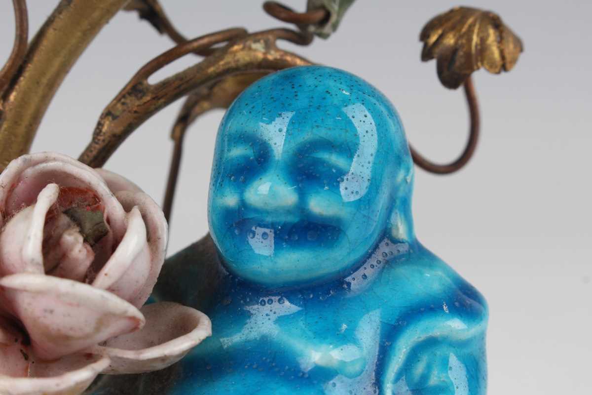 A Chinese turquoise glazed porcelain figure of Buddha, Qing dynasty, height 7cm, with gilt metal - Image 3 of 11