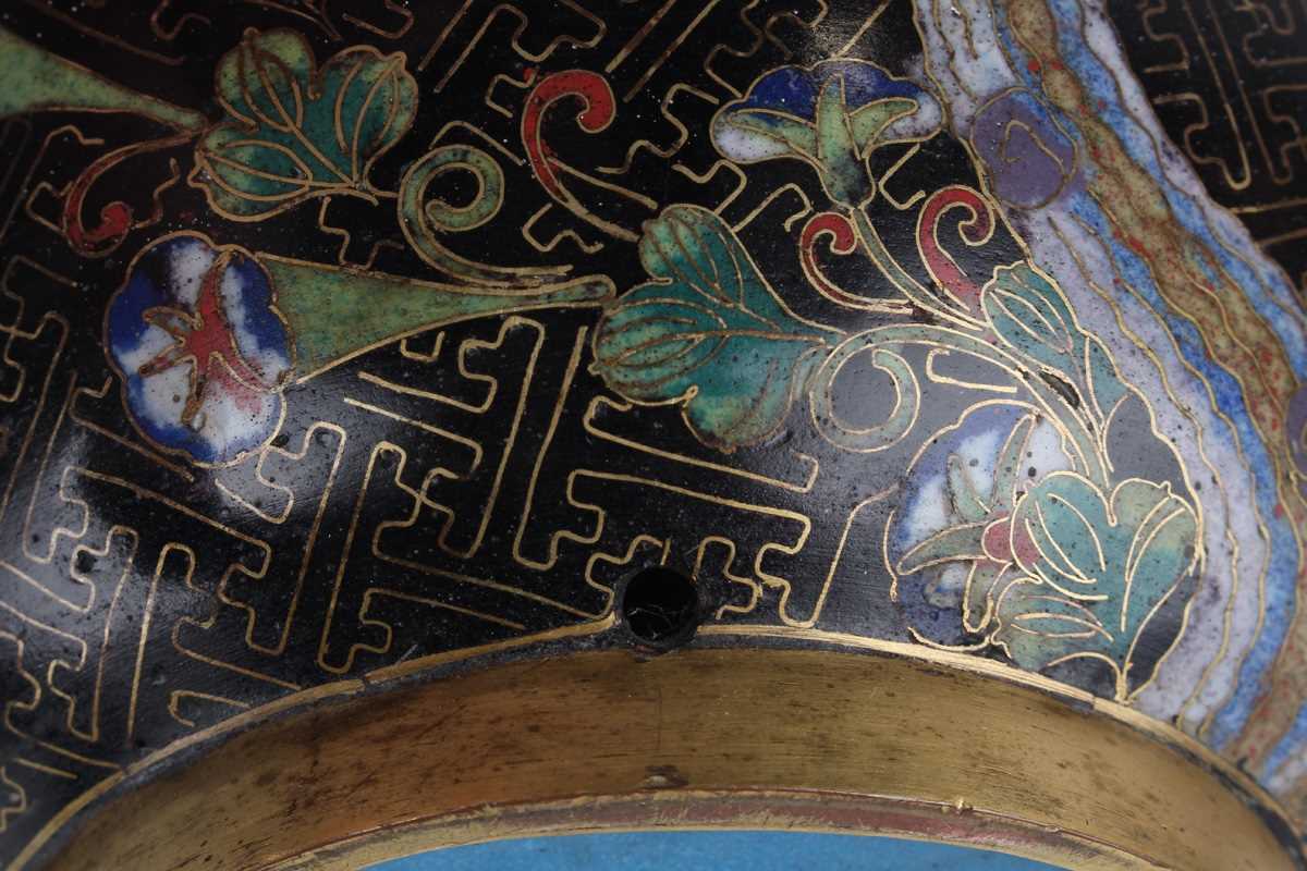 A Chinese cloisonné vase, late Qing dynasty, of swollen cylindrical form with flared neck, decorated - Image 9 of 15