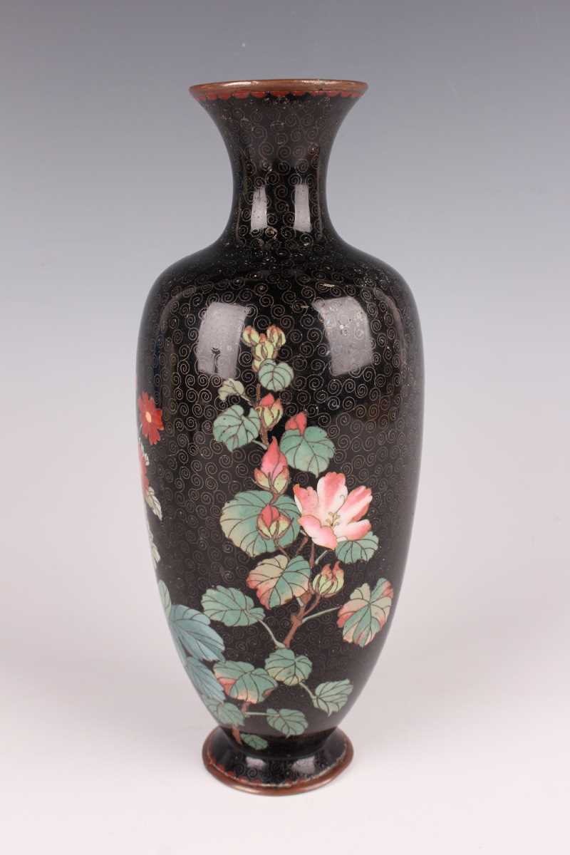 A pair of Japanese cloisonné vases, Meiji period, each elongated ovoid body decorated with flowering - Image 13 of 19