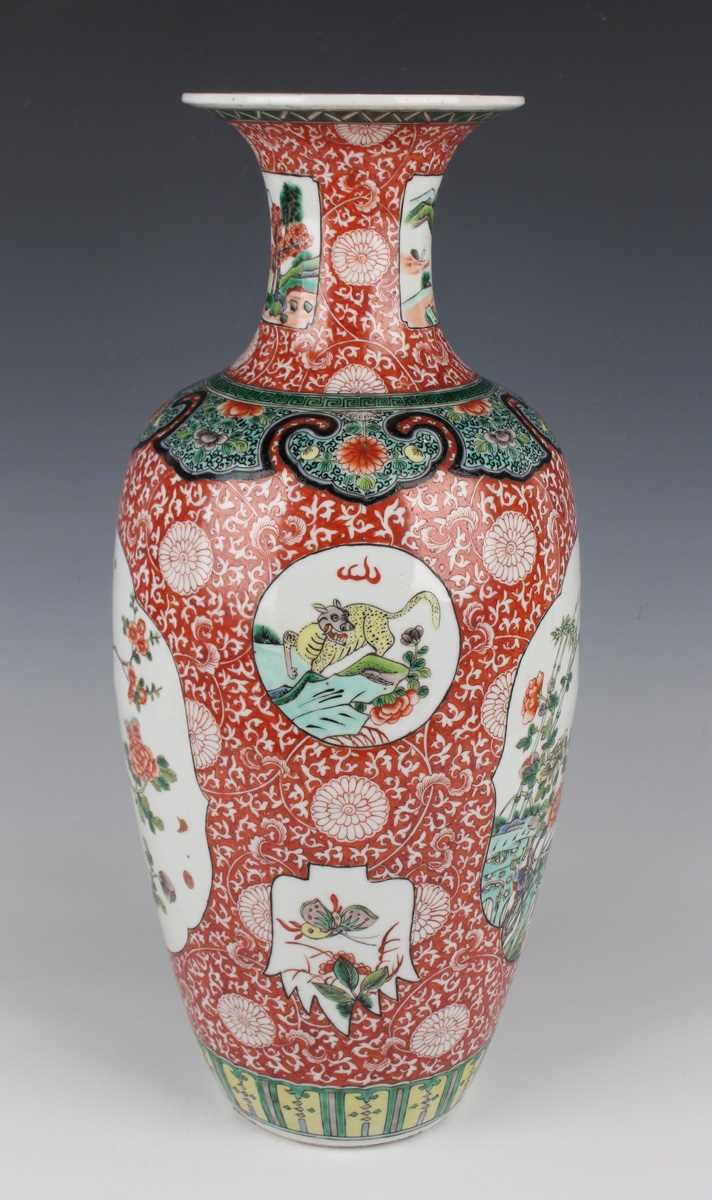 A Chinese famille verte porcelain vase, late Qing dynasty of shouldered tapering form with flared - Image 4 of 16