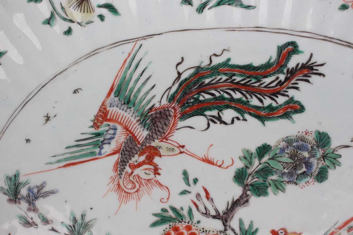 A Chinese famille verte export porcelain bowl, Kangxi period, of fluted oval form, the interior - Image 3 of 20