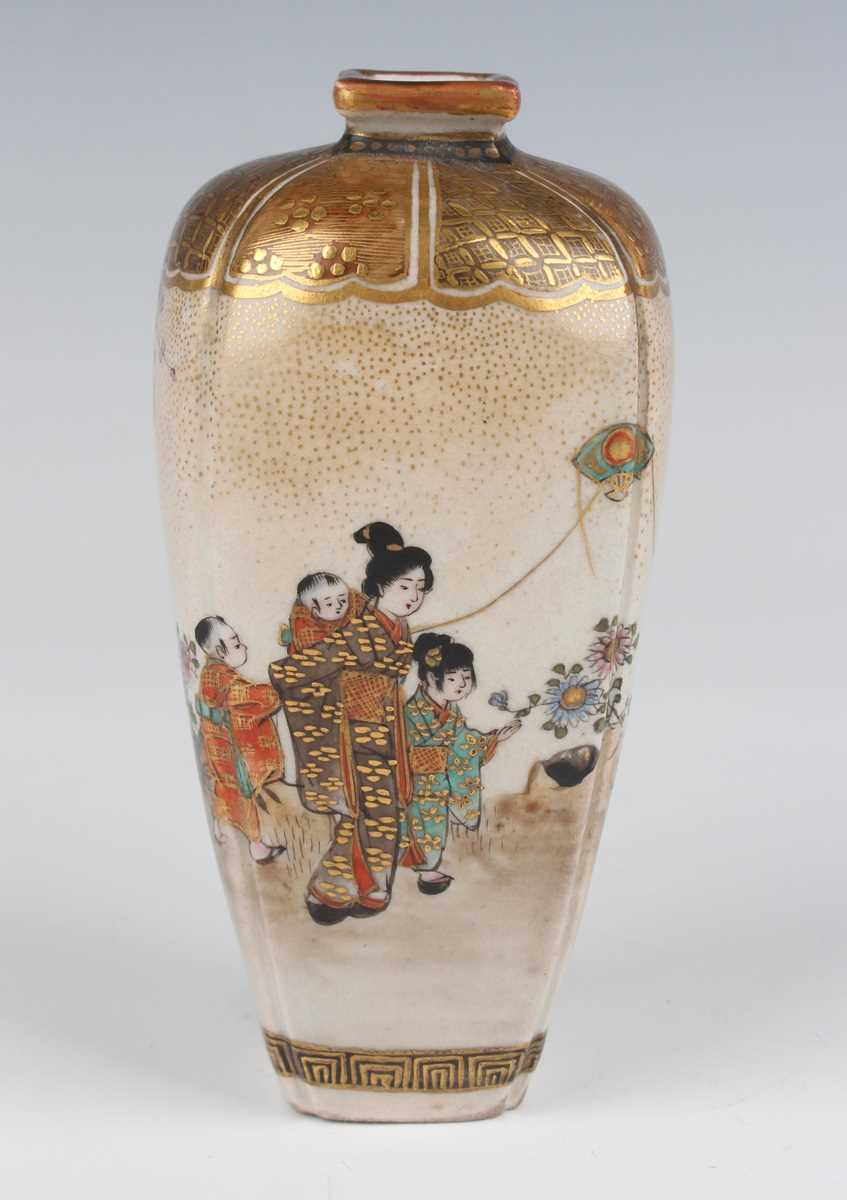 A pair of Japanese Satsuma earthenware vases by Kozan, Meiji period, each of rounded square tapering - Image 14 of 23