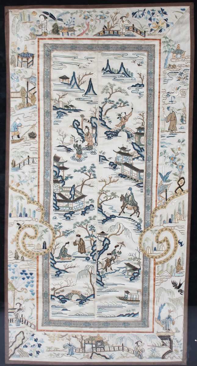 A Chinese embroidered cream silk sleeve panel, late Qing dynasty, each panel stitched together,