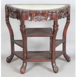 A Chinese hardwood demi-lune side table, early 20th century, the top inset with a marble panel above