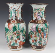 A pair of Chinese famille verte decorated porcelain vases, early 20th century, each ovoid body and